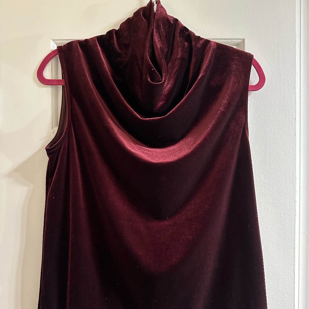 H by Halston velvet high cowl neck sleeveless top in burgundy